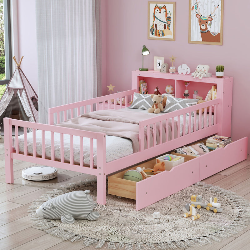Bed With Headboard Storage Rack, 2 Under Bed Drawers, 3 Side Guardrails For Safety