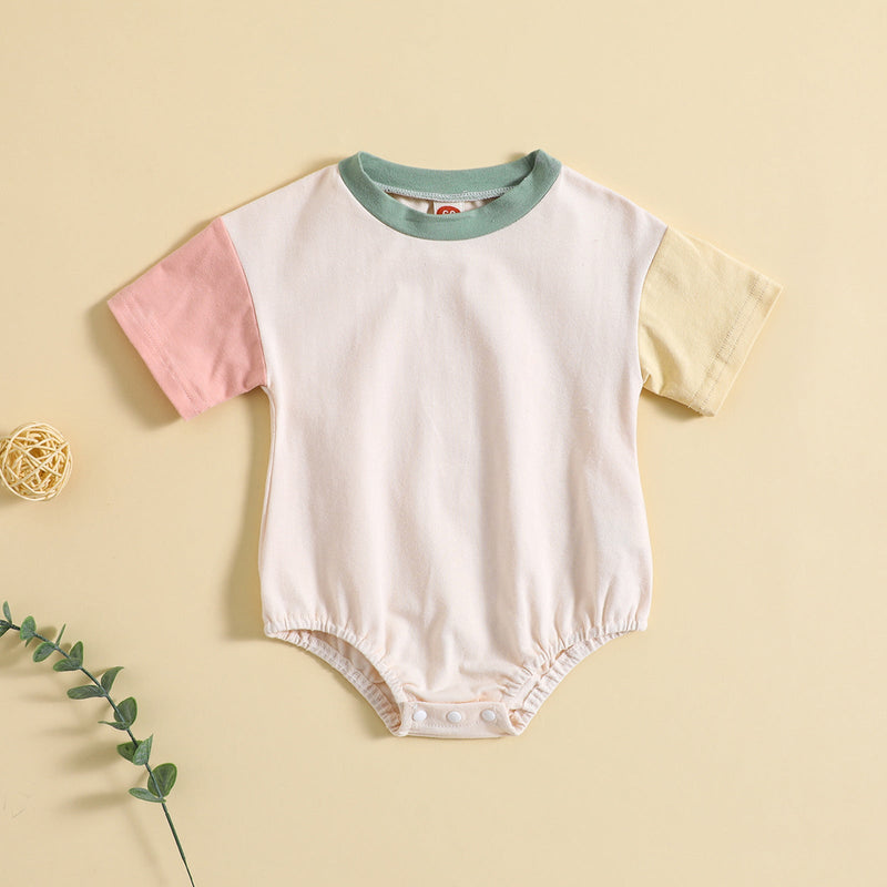 Baby Solid Color Stitching Romper Short Sleeve