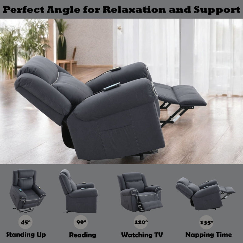 Domana - Polished Microfiber Power Nirion Recliner With Lift Heating Massage Chair - Dark Blue