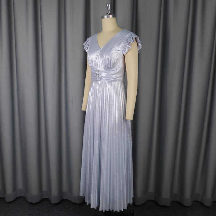 High Waist Crimp Elegant 5 New Style Silver V-neck Dress