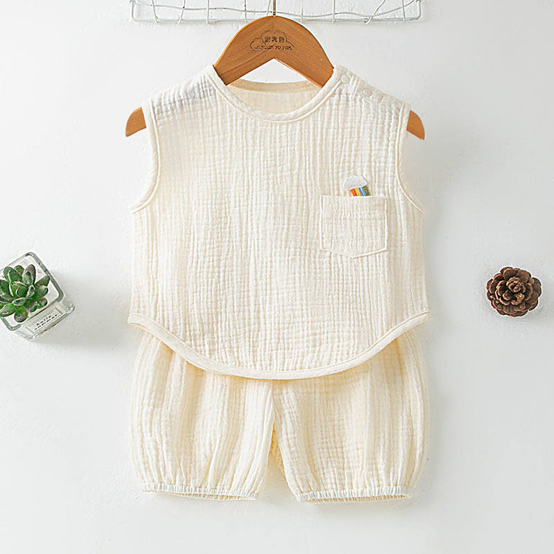 Summer Pure Cotton Yarn T-Shirt And Thin Childrens Shorts Two-Piece Set