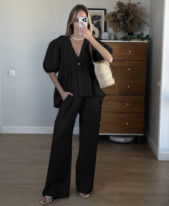 Women's Summer Casual Outfit Set - Soft Cotton V-Neck Top & Flared Short Sleeve With High-Waisted Pants Two-Piece Comfy Lounge Wear