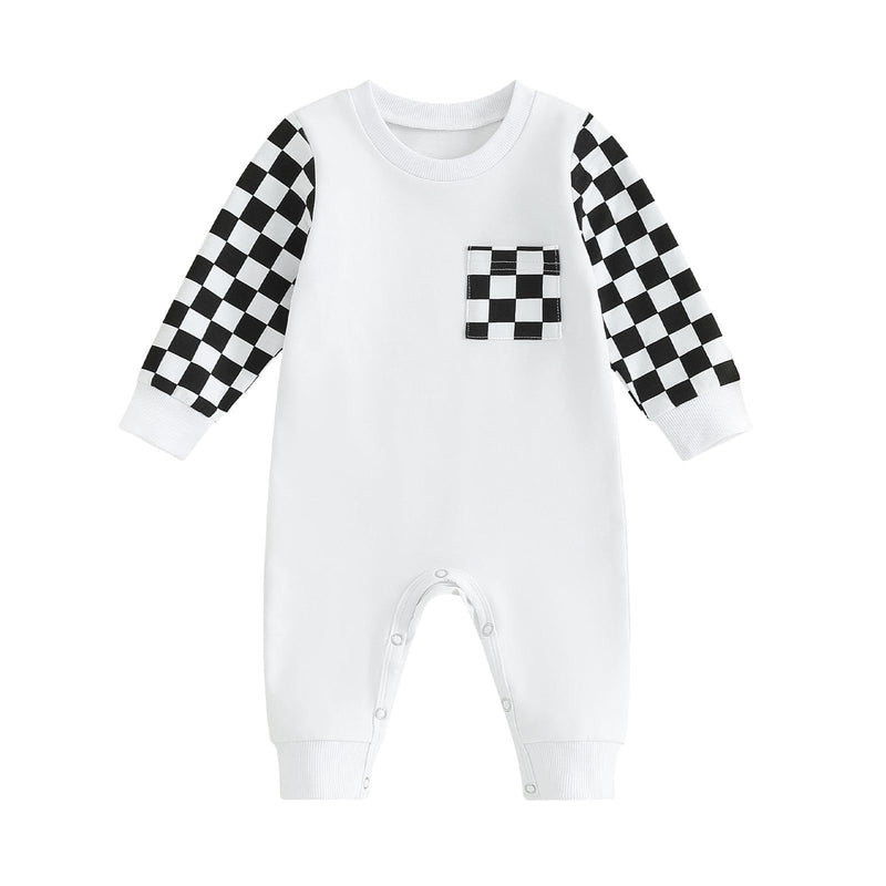 Checkerboard Plaid Color Matching Sleeve Pocket Jumpsuit