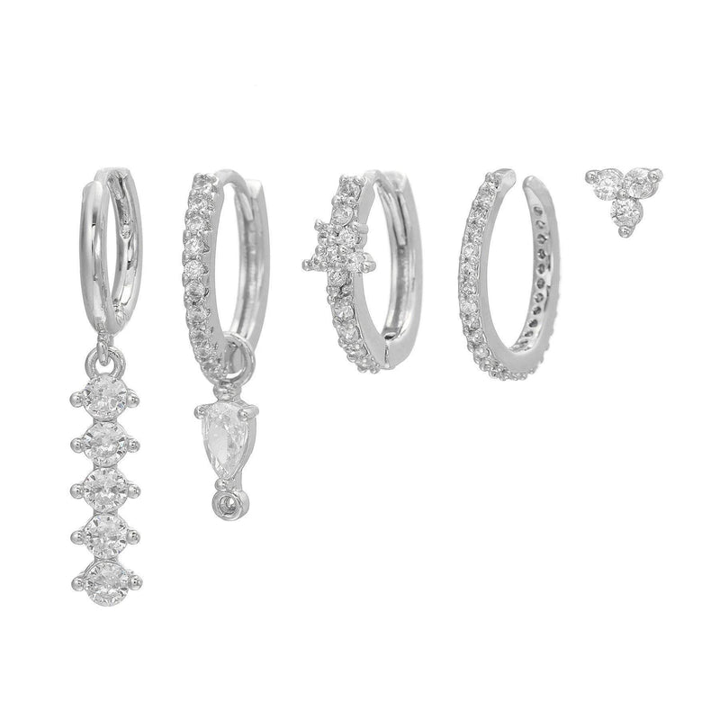 Multi Sets of Blue Flower Pierced Earrings, 4-6pcs, 18k Gold Plated Stud Drop Hoop Huggie Cuff Chain, S925 Needle, Stacked Lobe Designs with Dazzling Zirconia
