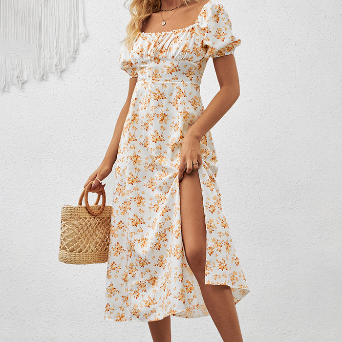 Women's Square Neck Floral Print Dress With Puff Sleeves & Side Slit - Elegant Spring Summer Boho Maxi Dress