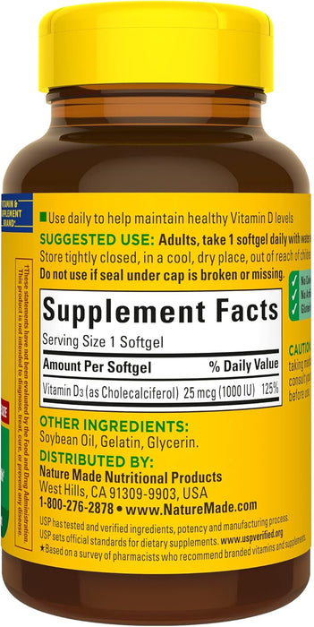 Vitamin D3 1000 IU (25 Mcg), Dietary Supplement for Bone, Teeth, Muscle and Immune Health Support, 180 Softgels, 180 Day Supply