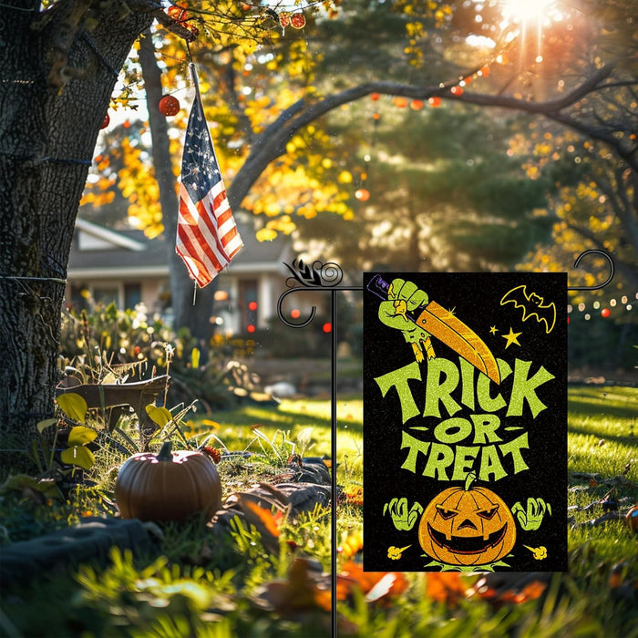 Halloween Garden Flag Trick or Treat Pumpkin Vertical Double Sided Glitter Flag for Holiday Yard Lawn Outdoor Decorations 12.5X18 Inch