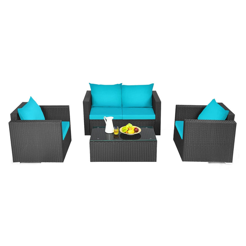 Alora 4-Piece Outdoor Rattan Wicker Patio Furniture Set With Turquoise Cushions (97145368)