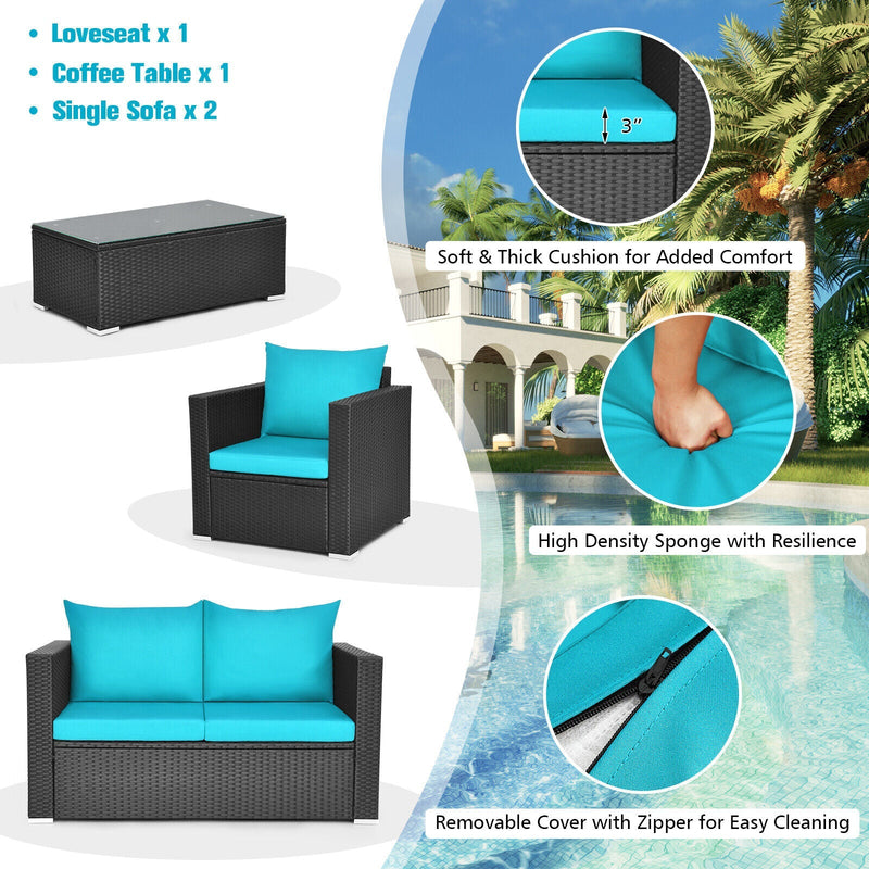 Alora 4-Piece Outdoor Rattan Wicker Patio Furniture Set With Turquoise Cushions (97145368)