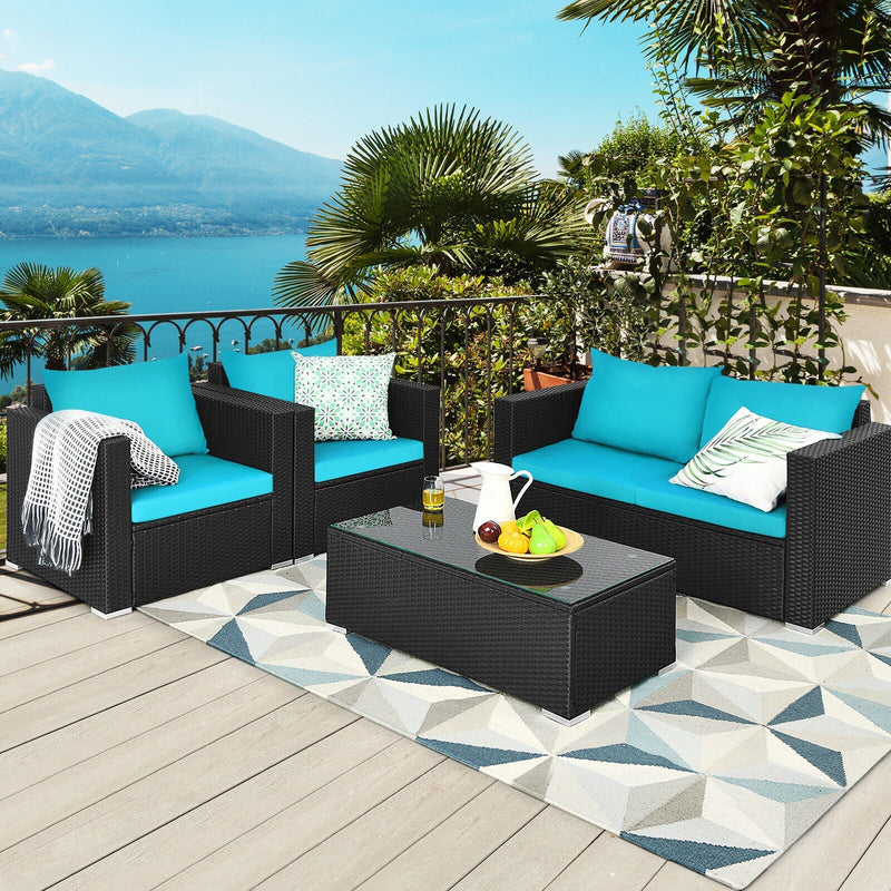 Alora 4-Piece Outdoor Rattan Wicker Patio Furniture Set With Turquoise Cushions (97145368)
