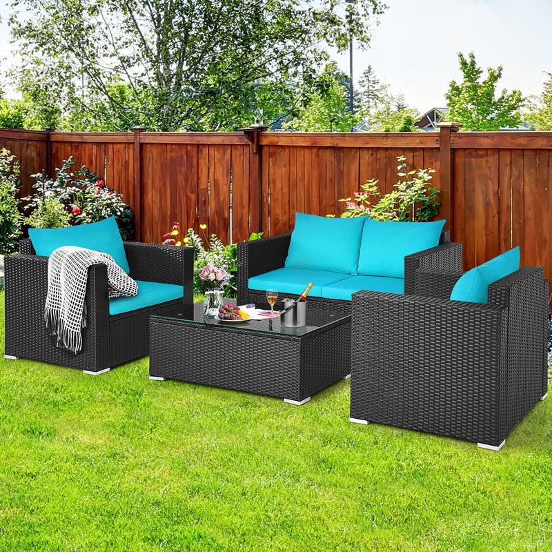 Alora 4-Piece Outdoor Rattan Wicker Patio Furniture Set With Turquoise Cushions (97145368)