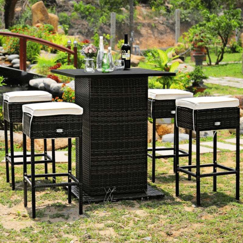 5 PCS Patio Rattan Bar Table Stool Set With Hidden Storage Shelf & Cushions (SAK14645)