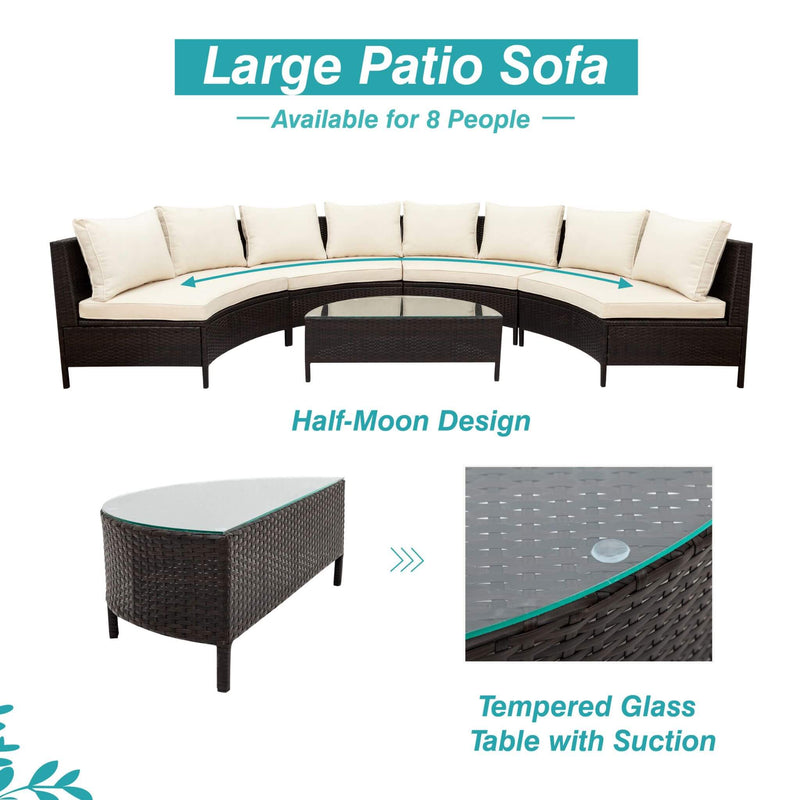 Alora Premium 5-Piece All-Weather Half-Moon Outdoor Rattan Wicker Patio Sectional Sofa Furniture Set With Tempered Glass Table (SAK32615)