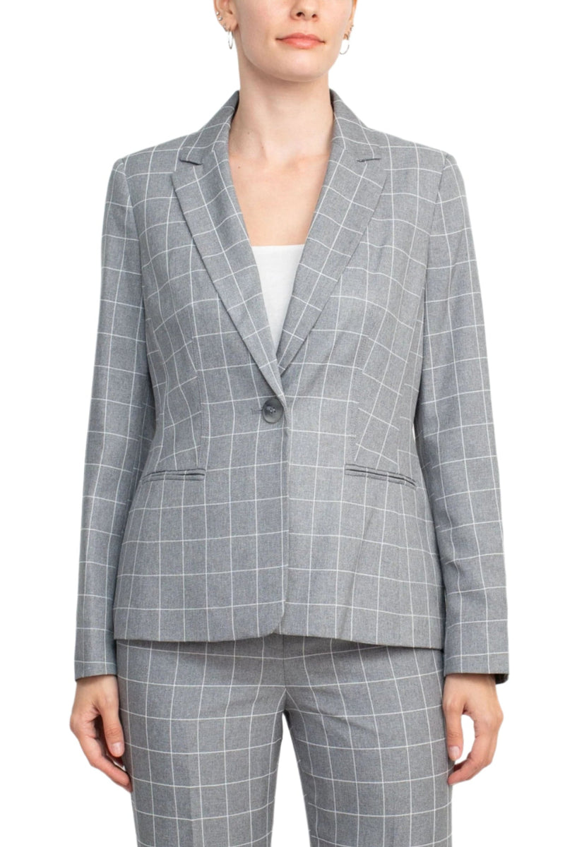 Le Suit Notched Collar 1 Button Tie Mélange Windowpane Jacket with Button Hook Zipper Closure Crepe Pants Suit (Two Piece Set)