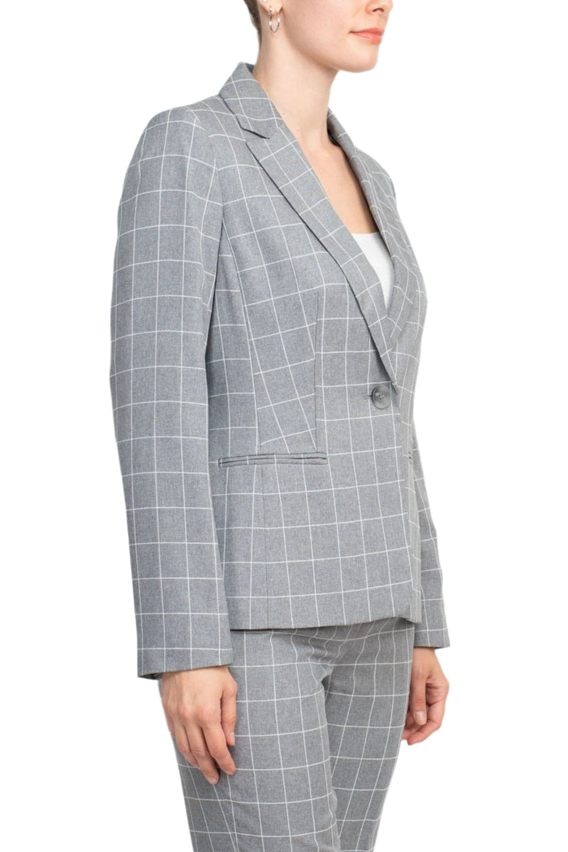 Le Suit Notched Collar 1 Button Tie Mélange Windowpane Jacket with Button Hook Zipper Closure Crepe Pants Suit (Two Piece Set)