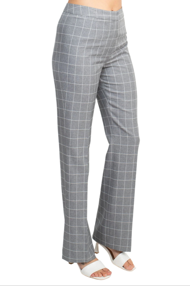 Le Suit Notched Collar 1 Button Tie Mélange Windowpane Jacket with Button Hook Zipper Closure Crepe Pants Suit (Two Piece Set)