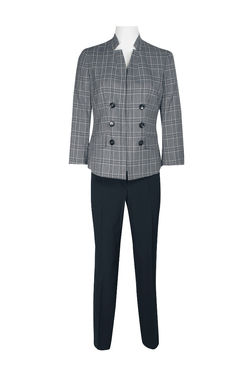 Le Suit Window Pane Pattern 6 Button Hook Closure Jacket with Button Hook Zipper Closure Crepe Pants Suit (Two Piece Set)