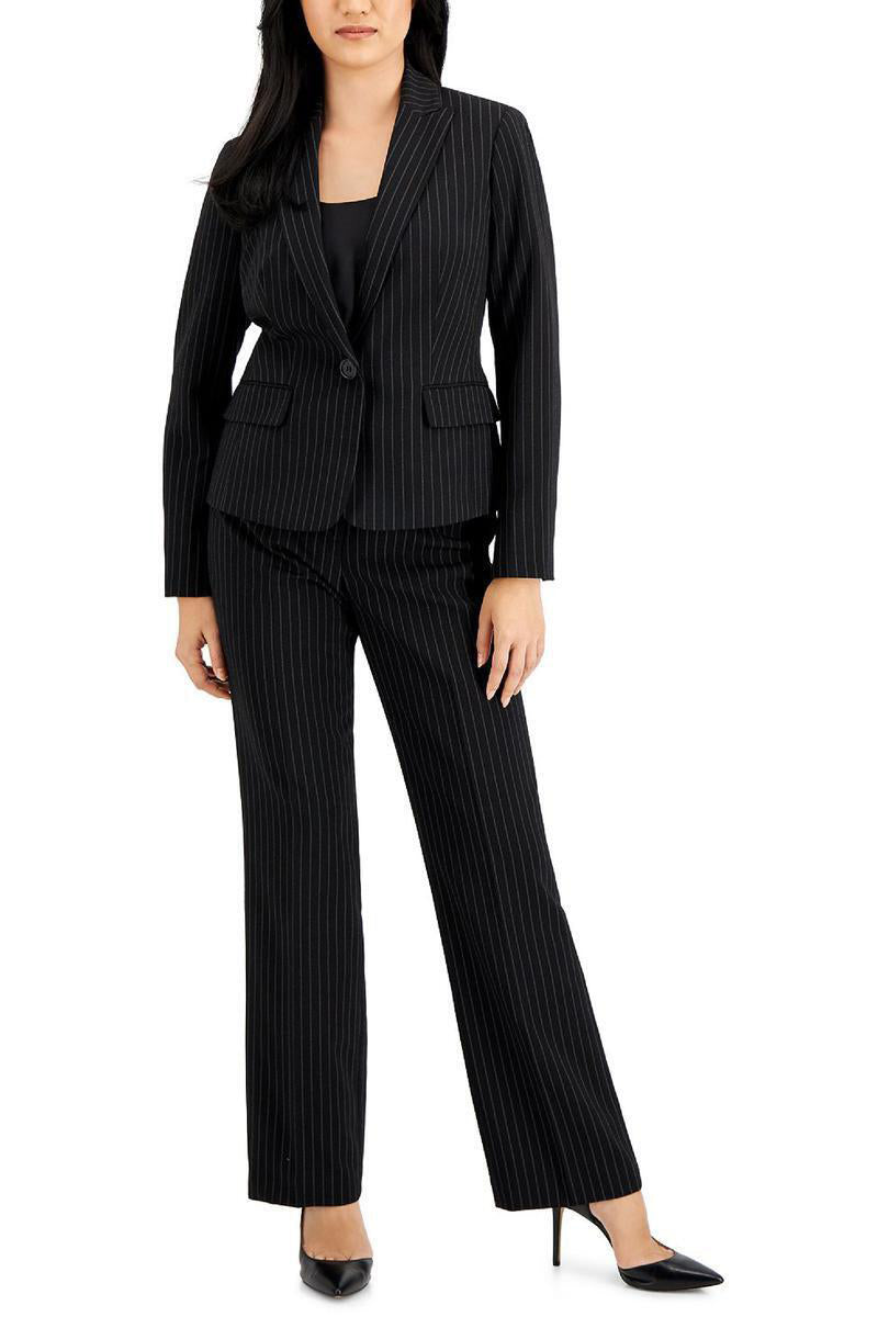 Le Suit Notched Collar Long Sleeve Flap Pockets Pinstripe Jacket with Mid Waist Button Zipper Closure Pockets Straight Pants (Two Piece)