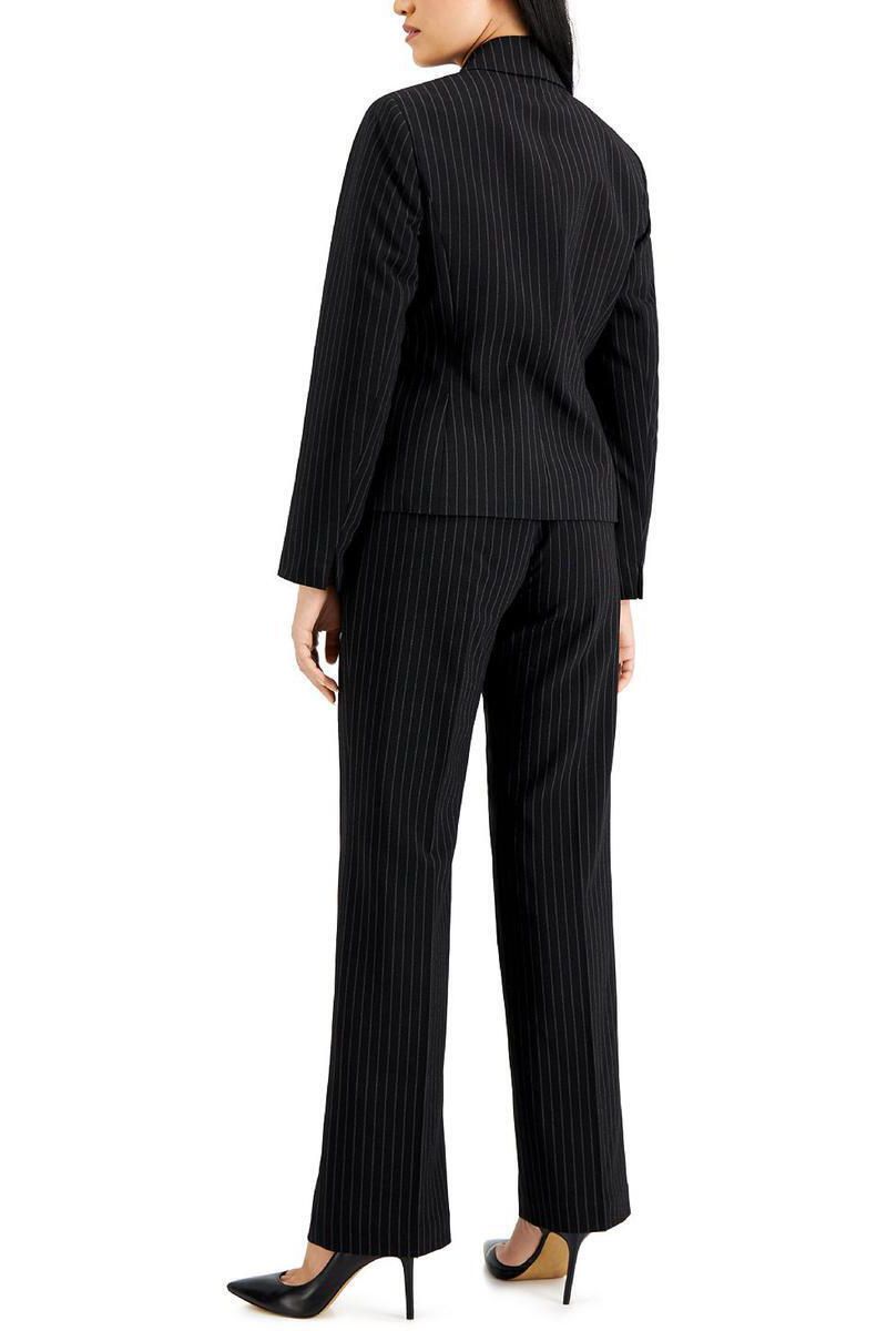 Le Suit Notched Collar Long Sleeve Flap Pockets Pinstripe Jacket with Mid Waist Button Zipper Closure Pockets Straight Pants (Two Piece)