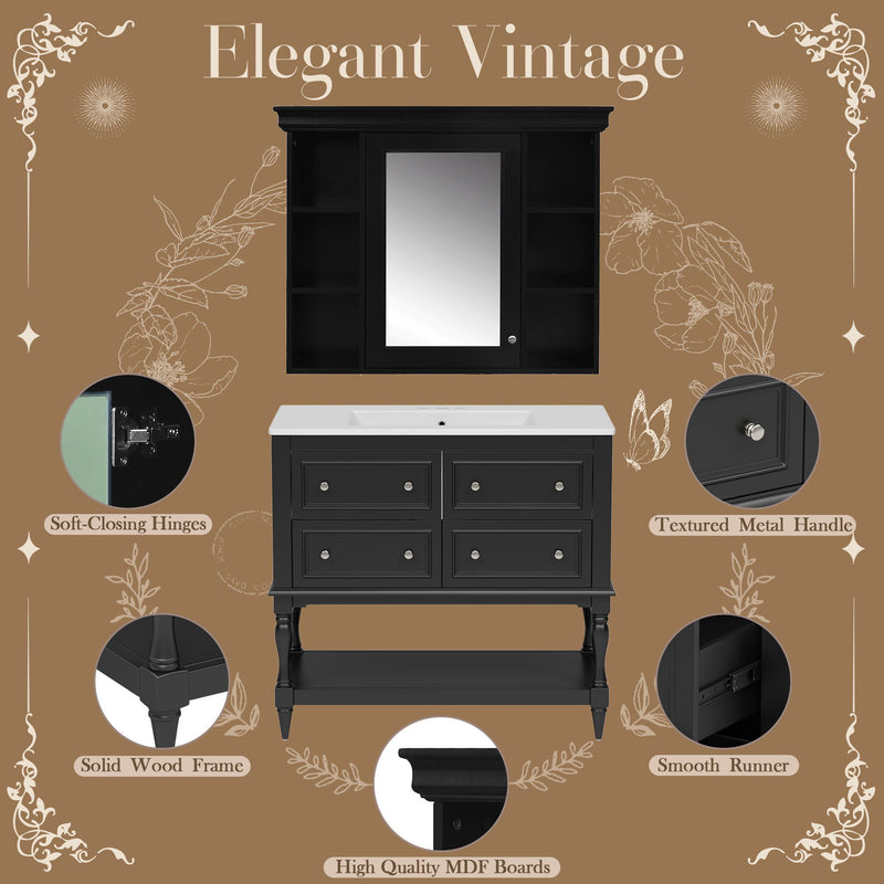 Bathroom Vanity With Medicine Cabinet, Storage Cabinet With 4 Drawers, Adjustable Shelf Mirror