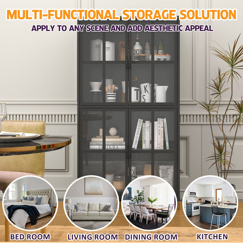 Premium Metal Storage Cabinet With Tempered Glass Doors, Adjustable Shelves, And Anti Tipping Device - Black