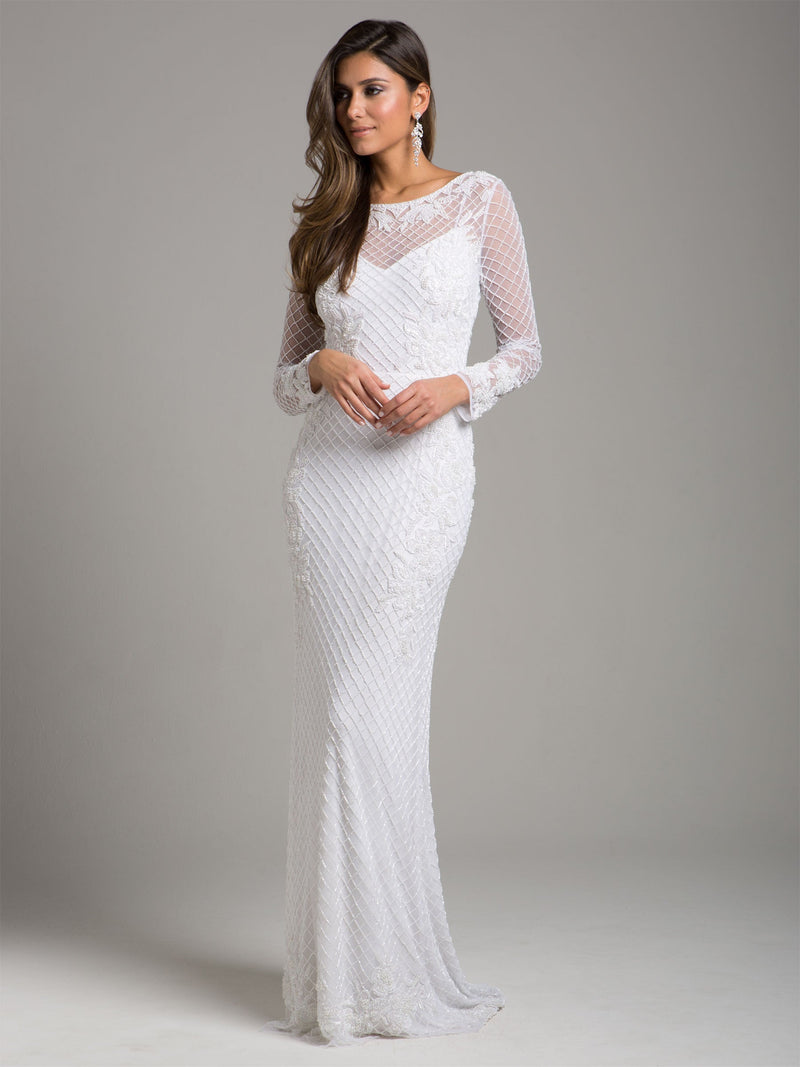 Lara 51004 - High Neck, Long Sleeve Beaded Wedding Gown
