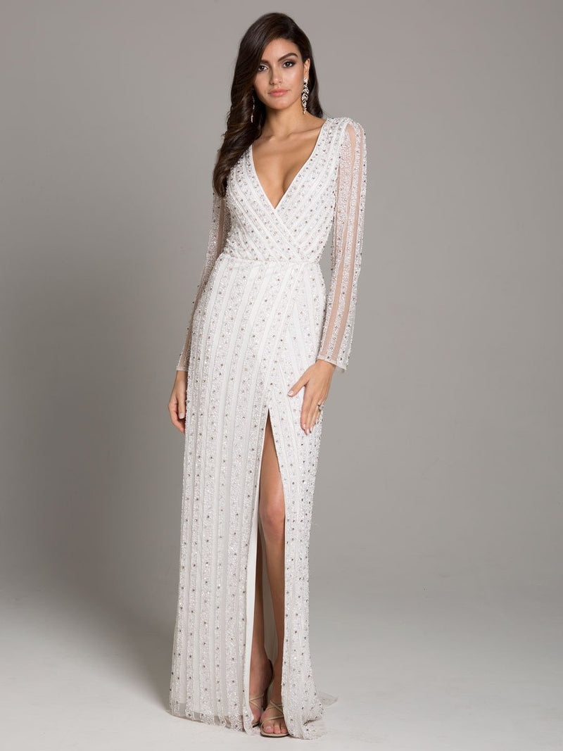 Lara Blair Long-Sleeve Beaded Surplice Sheath Gown