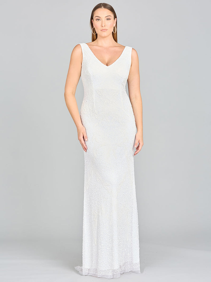 Lara Erika Beaded Draped Cowl Back V-Neck Wedding Dress