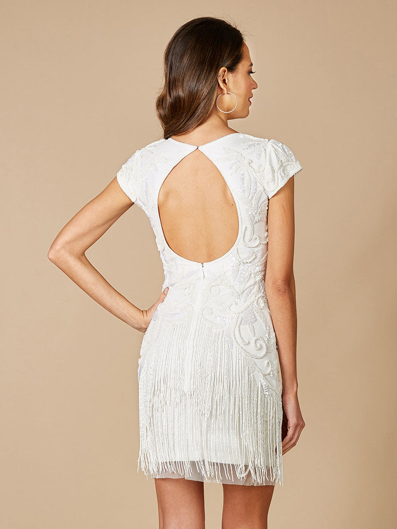 Lara Candie V-Neck Beaded Mini Dress with Fringe