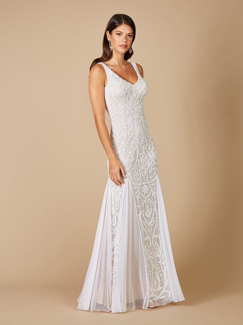 Lara Greta Beaded V-Neck Tulle Wedding Dress with Contrast Lining