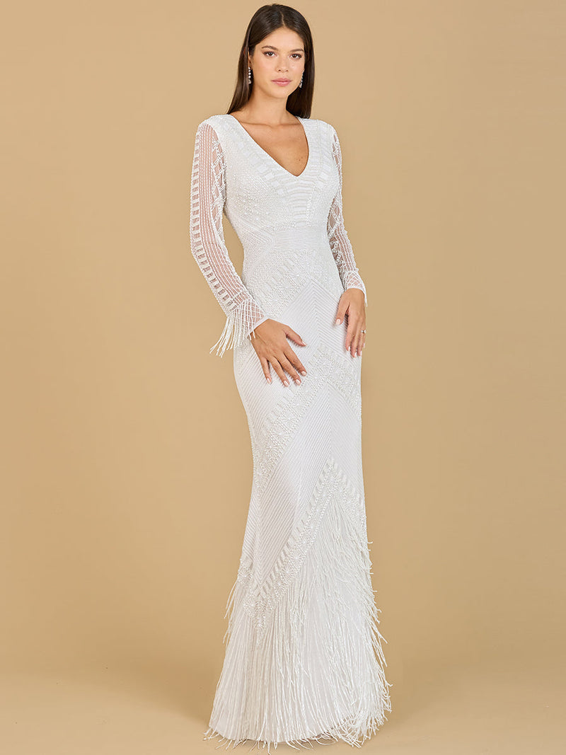 Long Sleeve Fringe Bridal Gown