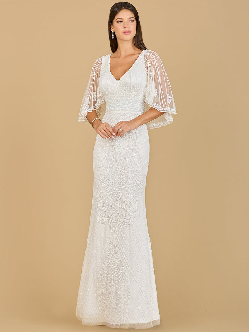 Cape Sleeve V-Neck Beaded Gown