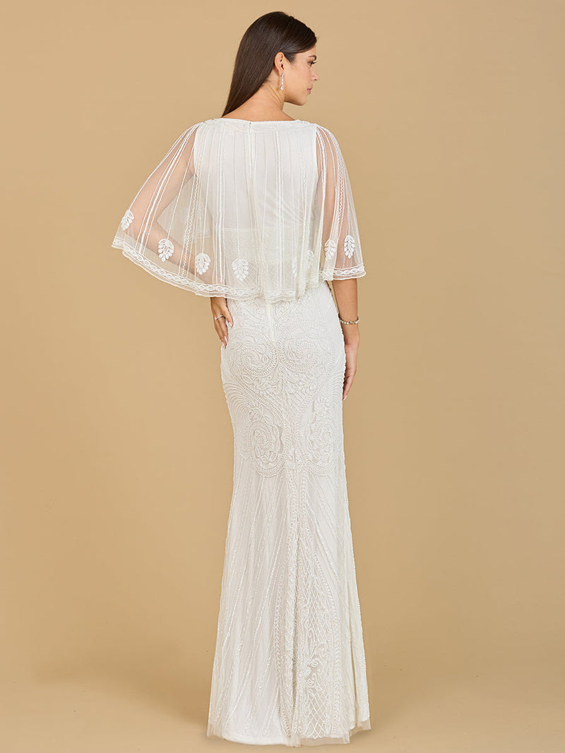 Cape Sleeve V-Neck Beaded Gown