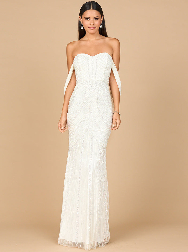 Beaded Gown with Cape Detail