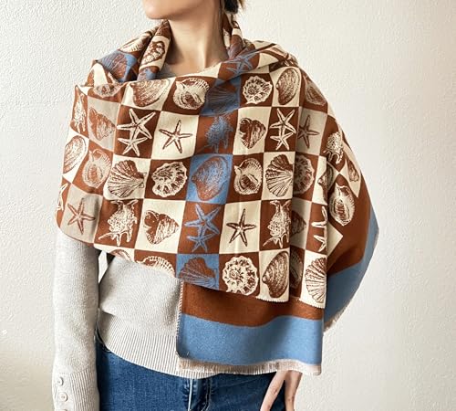 stylesilove Women Seashell and Starfish Design Fringe Cashmere Scarf Warm Ultra Soft Scarves Shawl Neck Wraps