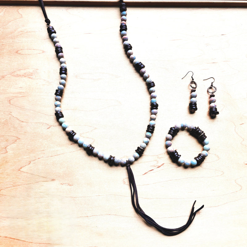 **Frosted Aqua Terra Necklace w/ Wood Beads & Leather Tassel 258a