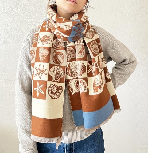 stylesilove Women Seashell and Starfish Design Fringe Cashmere Scarf Warm Ultra Soft Scarves Shawl Neck Wraps