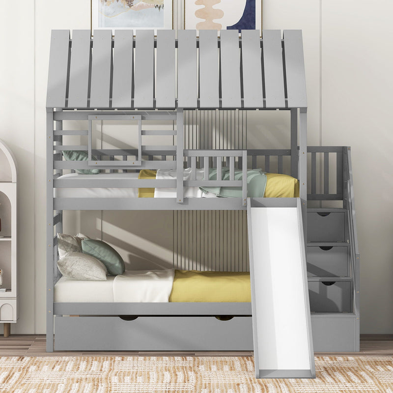 House Bunk Bed With Trundle, Storage Staircase, Roof And Window Design