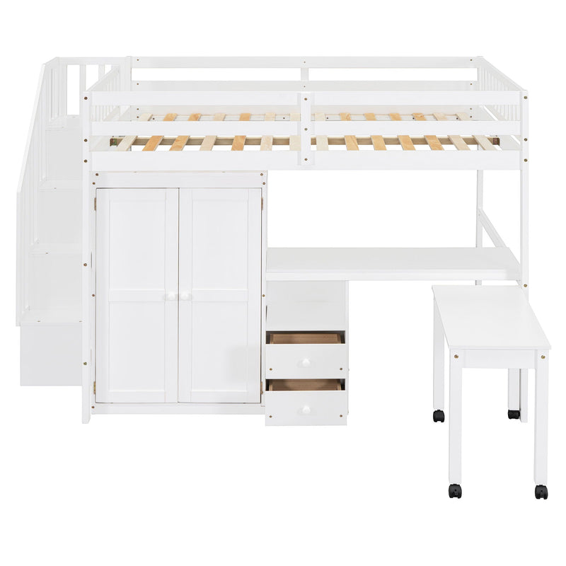 Loft Bed With Stairs, Bookshelf, Drawers, Desk & Wardrobe, Space Saving Multifunctional Furniture