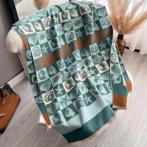 stylesilove Women Seashell and Starfish Design Fringe Cashmere Scarf Warm Ultra Soft Scarves Shawl Neck Wraps