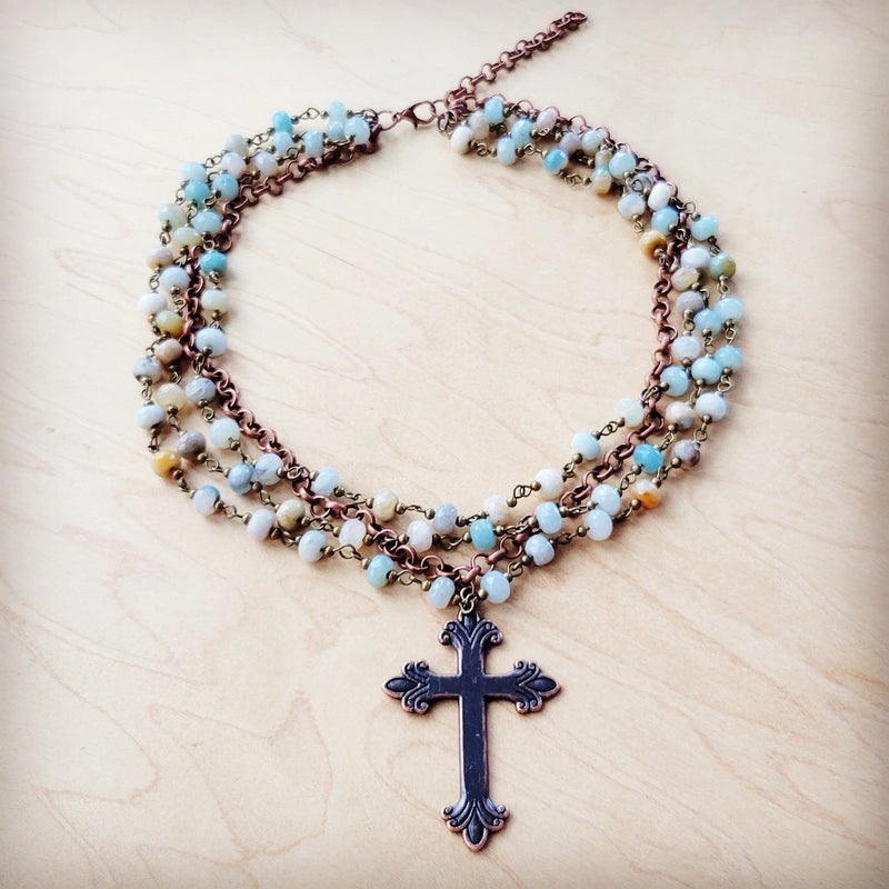Amazonite Beaded Collar Necklace w/ Cross Pendant 261a