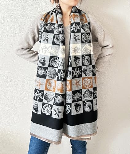 stylesilove Women Seashell and Starfish Design Fringe Cashmere Scarf Warm Ultra Soft Scarves Shawl Neck Wraps