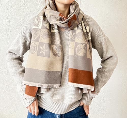 stylesilove Women Seashell and Starfish Design Fringe Cashmere Scarf Warm Ultra Soft Scarves Shawl Neck Wraps