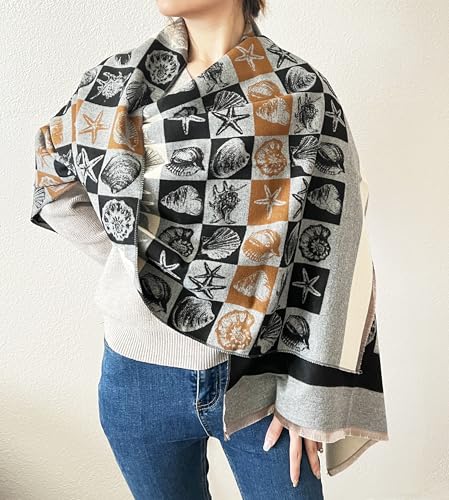 stylesilove Women Seashell and Starfish Design Fringe Cashmere Scarf Warm Ultra Soft Scarves Shawl Neck Wraps