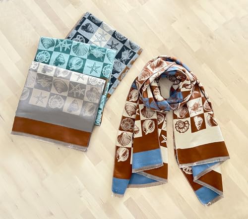 stylesilove Women Seashell and Starfish Design Fringe Cashmere Scarf Warm Ultra Soft Scarves Shawl Neck Wraps