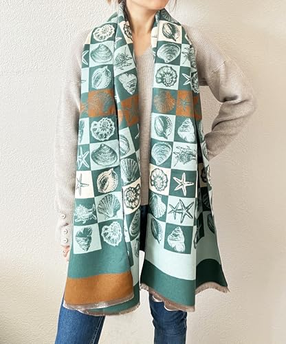 stylesilove Women Seashell and Starfish Design Fringe Cashmere Scarf Warm Ultra Soft Scarves Shawl Neck Wraps
