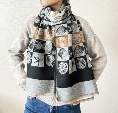 stylesilove Women Seashell and Starfish Design Fringe Cashmere Scarf Warm Ultra Soft Scarves Shawl Neck Wraps