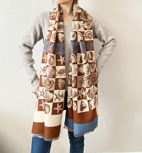 stylesilove Women Seashell and Starfish Design Fringe Cashmere Scarf Warm Ultra Soft Scarves Shawl Neck Wraps