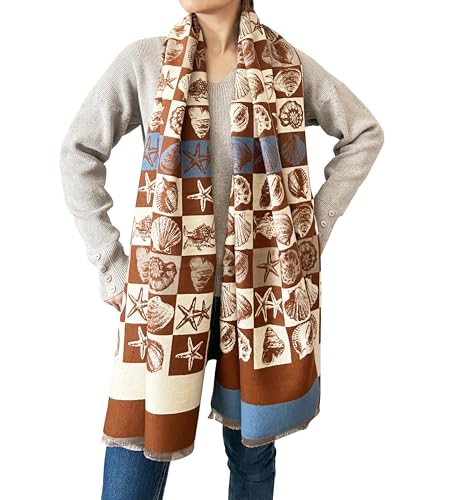 stylesilove Women Seashell and Starfish Design Fringe Cashmere Scarf Warm Ultra Soft Scarves Shawl Neck Wraps