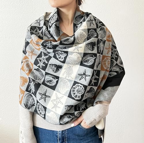 stylesilove Women Seashell and Starfish Design Fringe Cashmere Scarf Warm Ultra Soft Scarves Shawl Neck Wraps